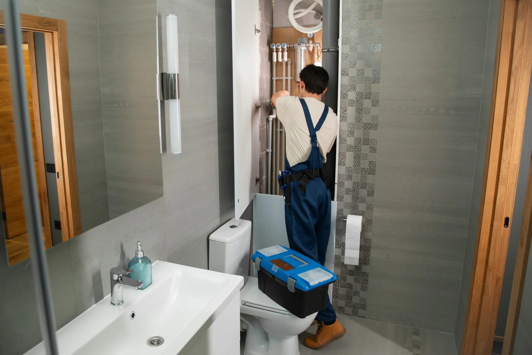 Plumbing service work shown in a residential setting
